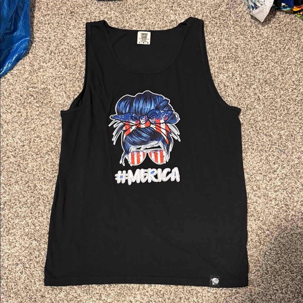 #MERICA Graphic Black Tank Top with Patriotic Sunglasses